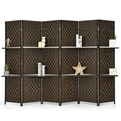 Costway 6 Panel Folding Room Divider 6Ft Weave Fiber Screen W/ 2 Display Shelves - Image 8