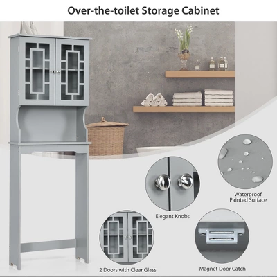 Costway Over The Toilet Bathroom Spacesaver Organizer W/ Adjustable Shelf & Doors Grey - Image 7