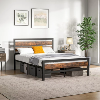Costway Full/Queen Industrial Metal Platform Bed Frame Rustic Headboard Mattress Foundation - Image 3