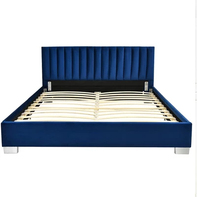 Costway Upholstered Bed Frame Full Size Modern Platform Bed With Vertical Channel Headboard No Box Spring Needed Navy/Grey