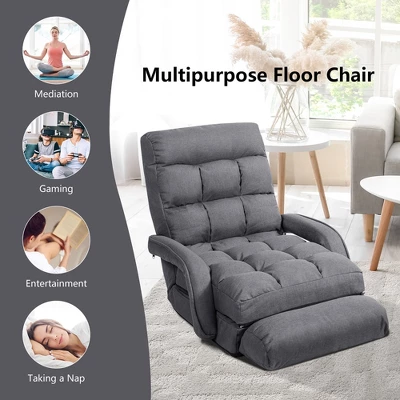 Costway Folding Floor Armchair W/ 6-position Adjustable Back & Lumbar Pillow RedGrey - Image 3