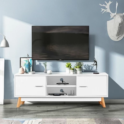 Costway TV Stand Entertainment Center Console Cabinet Stand 2 Doors Shelves White - Image 2