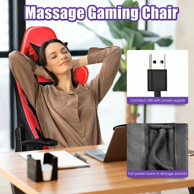 Costway Gaming Chair Massage Reclining Racing Office Computer Chair With Footrest Red - Image 5