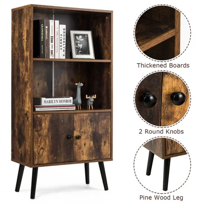 Costway 2-Tier Retro Bookcase Bookshelf W/3 Compartment&2 Doors Industrial Cabinet - Image 8