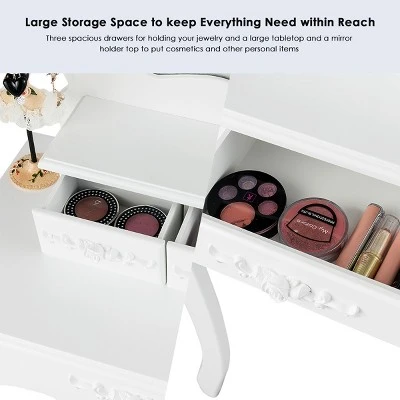 Costway White Vanity Jewelry Makeup Dressing Table Stool Drawer - Image 6