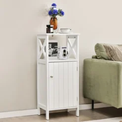 Costway Bathroom Floor Cabinet Side Storage Organizer With Open Shelf & Adjustable Shelf