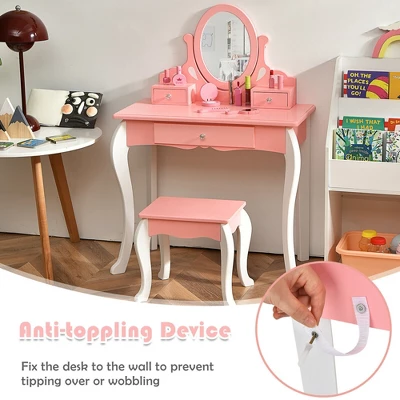 Costway Kids Vanity Princess Makeup Dressing Table Stool Set W/ Mirror Drawer - Image 5