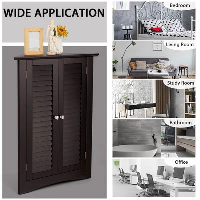 Corner Storage Cabinet Freestanding Floor Cabinet Bathroom W/ Shutter Door GreyBrown - Image 4