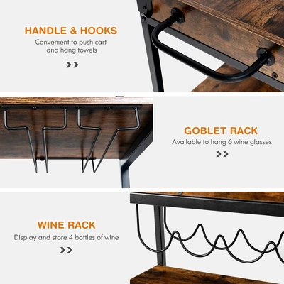 Costway 3-Tier Rolling Kitchen Cart Serving Trolley Wine Rack Removable Tray - Image 8