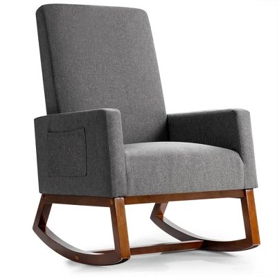 Costway Mid Century Retro Fabric Rocking Chair Upholstered Nursery Armchair Gray - Image 2