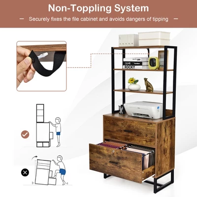 Costway 2 Drawer Vertical File Cabinet W/Lock & Bookshelf, Letter Size Filing Cabinet - Image 7
