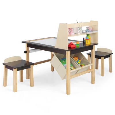 Costway Kids Art Table & Chairs Set Wooden Drawing Desk With Paper Roll Storage Shelf Bins - Image 9