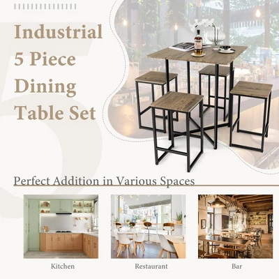 Costway 5-Piece Dining Table Set Kitchen Square Square Space-saving Table Set With Stools - Image 8