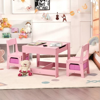 Costway 3 In 1 Wood Activity Table Chair Set W/Storage Box Pink - Image 2