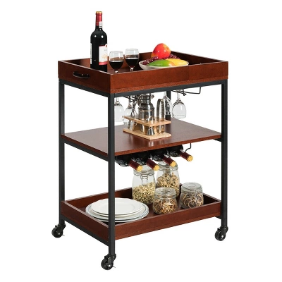 Costway 3 Tier Trolley Cart Kitchen Island Serving Bar Cart W/ Glass Holder & Wine Rack - Image 6
