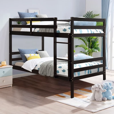 Costway Twin Over Twin Wood Bunk Beds Ladder Safety Rail EspressoWhite - Image 3