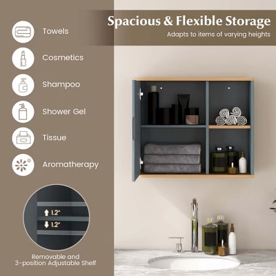 Costway Mirrored Medicine Cabinet Bathroom Wall Mounted With 3-Level Adjustable Shelf Grey - Image 5