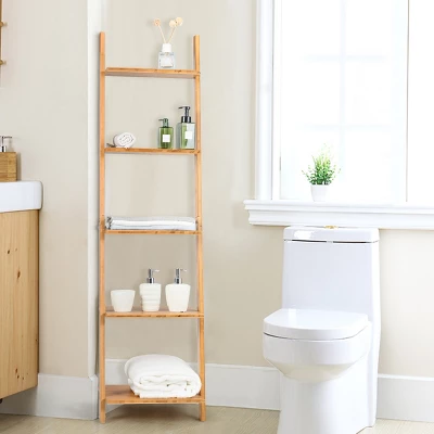 Costway 5-Tier Ladder Shelf Modern Bamboo Leaning Bookshelf Ladder Bookcase Open Display - Image 4