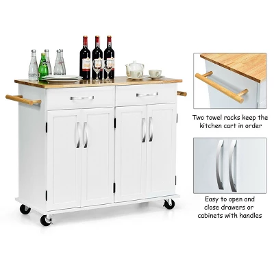 Costway Kitchen Trolley Island Utility Cart Wood Top Rolling Storage Cabinet Drawers White - Image 8
