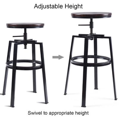 Costway Set Of 2 Vintage Bar Stool Adjustable Wood Metal Design Pub Chairs Industrial Backless - Image 4