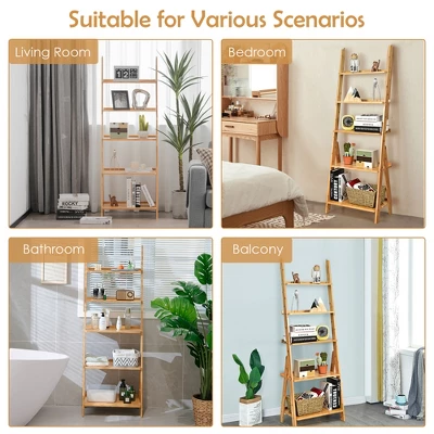 Costway 5-Tier Bamboo Ladder Shelf Bookshelf Display Storage Rack Flower Stand - Image 7