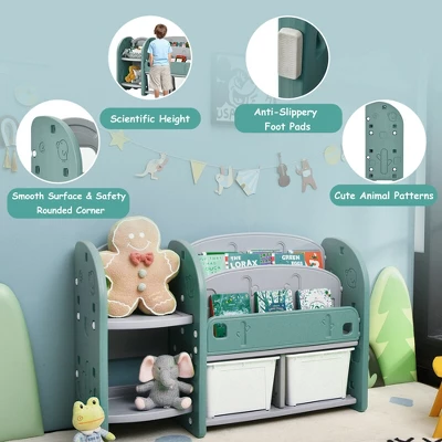 Costway Kids Toy Storage Organizer W/ 2-Tier Bookshelf & Plastic Bins - Image 5