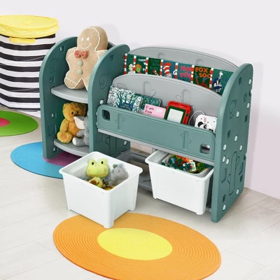 Costway Kids Toy Storage Organizer W/ 2-Tier Bookshelf & Plastic Bins - Image 2