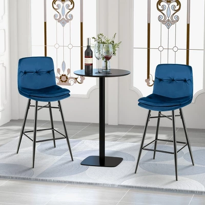 Costway Set Of 2 Velvet Bar Stools Bar Height Kitchen Dining Chairs With Metal Legs Blue/Grey - Image 3