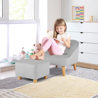 Costway Kids Sofa Chair W/ Ottoman Toddler Single Sofa Velvet Upholstered Couch GreyPink - Image 2