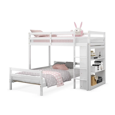 Costway Twin Over Twin Loft Bunk Bed Wood W/Bookcase Guardrail Ladder Kids Bedroom - Image 9