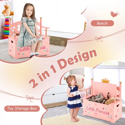 Costway Kids Princess Wooden Bench Seat Toy Box Storage Organizer Children Playroom Pink - Image 6