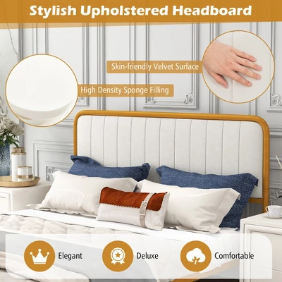 Costway Full Gold Metal Bed Frame Upholstered Platform Bed With Velvet Headboard - Image 6