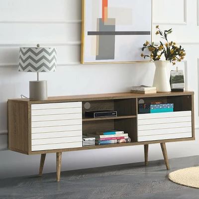 Costway Modern TV Stand/Console Cabinet 3 Shelves Storage Drawer Splayed Leg Wood/White - Image 2