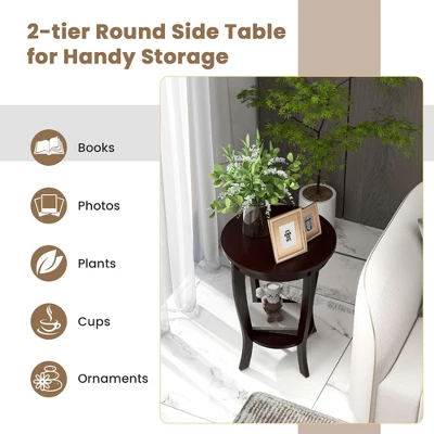 Costway 2-Tier End Table 18'' Round Compact Sofa Side Nightstand With Storage Shelf Espresso/White - Image 4