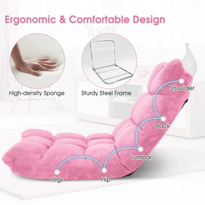 Costway Adjustable 14-Position Floor Chair Folding Lazy Gaming Sofa Chair Cushioned-Pink - Image 4