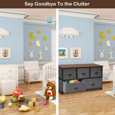 Costway 5 Drawers Dresser Storage Unit Side Table Display Organizer Dorm Room Wood Black - Image 5