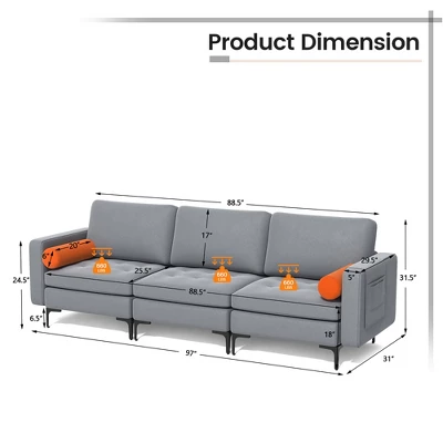 Costway Modular 3-Seat Sofa Couch With Socket USB Ports & Side Storage Pocket Ash Grey - Image 3