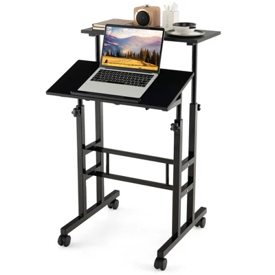 Costway Mobile Standing Desk Rolling Adjustable Laptop Cart Home Office WalnutNatural - Image 12