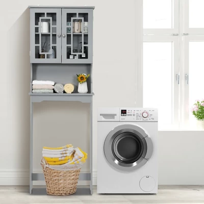 Costway Over The Toilet Bathroom Spacesaver Organizer W/ Adjustable Shelf & Doors Grey - Image 3