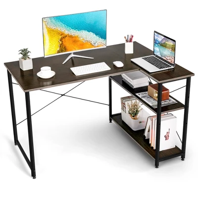 Costway 48'' Reversible L Shaped Computer Desk Home Office Table Adjustable Shelf BrownGrayNatural - Image 12