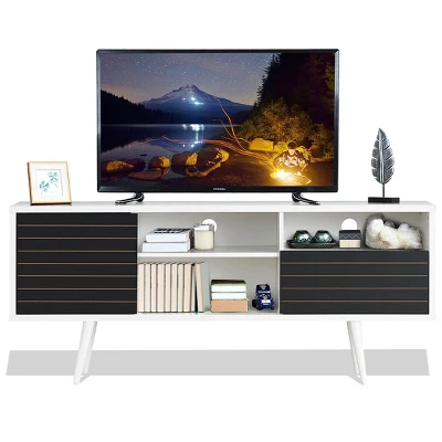 Costway Modern TV Stand/Console Cabinet 3 Shelves Storage Drawer Splayed Leg Black/White - Image 8