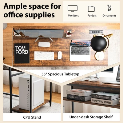 Costway 55'' Computer Desk Home Office PC Workstation W/ Power Outlets & USB Ports Rustic / Black - Image 6