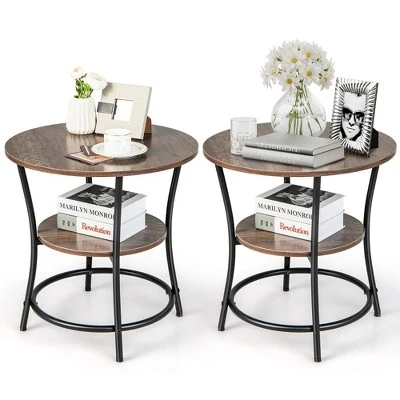 Costway 2 PCS 2-Tier Sofa Side End Table Round Nightstand With Sturdy Metal Frame Brown/Oak - Image 11