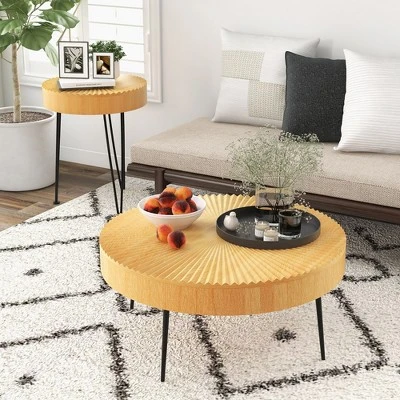Costway Farmhouse Round Coffee Table Set Of 2 End Table Natural Finish For Living Room - Image 4