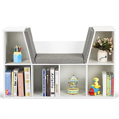 Costway 6 Cubby Kid Storage Cabinet Bookcase Multi-Purpose Shelf Cushioned Reading Nook - Image 6