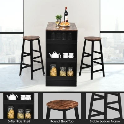 Costway 3 Pieces Bar Table Set Industrial Counter With Storage Black - Image 7