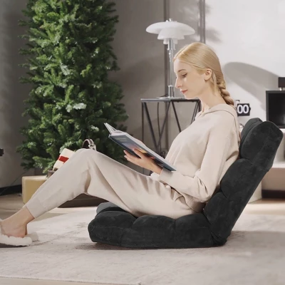 Costway Adjustable 14-Position Floor Chair Folding Lazy Gaming Sofa Chair Cushioned-Black - Image 2