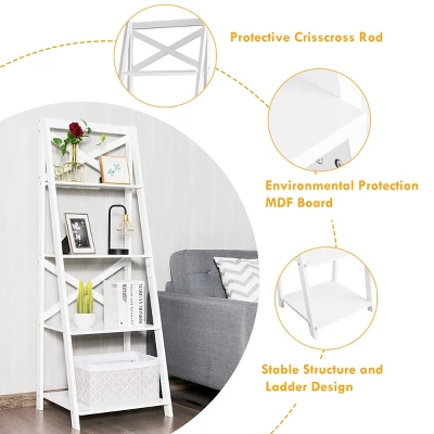 Costway 4-Tier Ladder Shelf Bookshelf Bookcase Storage Display Plant Leaning Shelf White - Image 9
