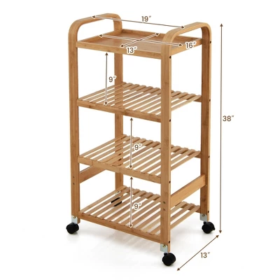 Costway 4-Tier Kitchen Serving Trolley Cart Mobile Bamboo Storage Shelf Lockable Casters