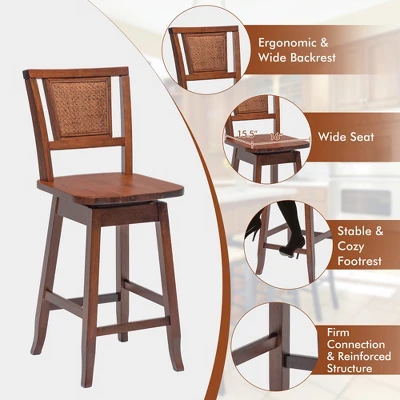 Costway Set Of 2/4 Swivel Bar Stools Counter Height Rubber Wood Pub Chairs W/ Rattan Back - Image 8
